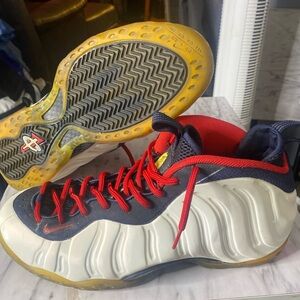 Nike Foamposite-Style Athletic Sneakers in White, Navy & Red